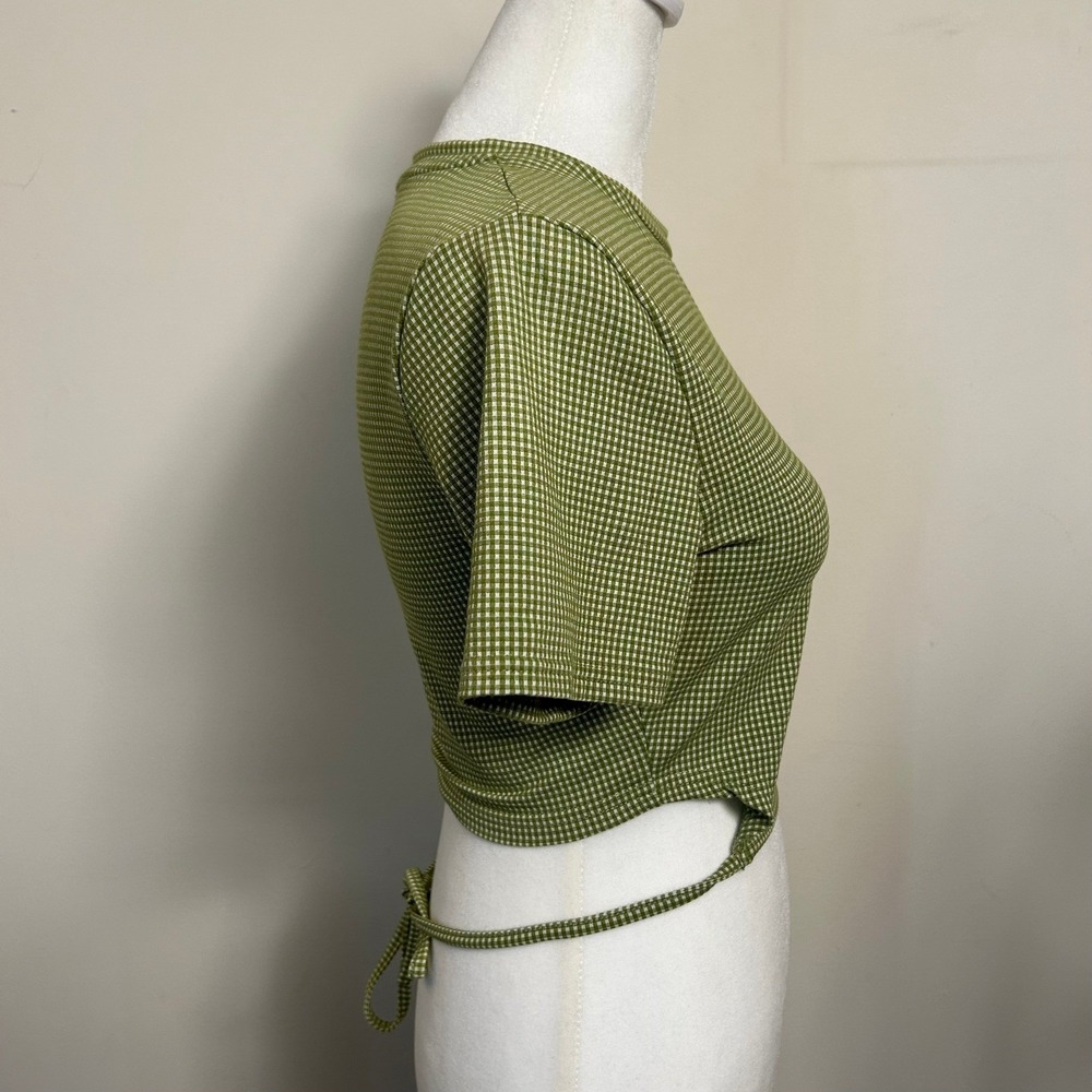 Le Lis Gingham Wrap Tie Crop Top Fitted Green Small Y2K Retro Baby Tee - Picture 2 of 9
